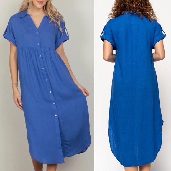 168. Blue Boutique Button Down Linen Midi Dress Small Medium and Large - Picture 1 of 2